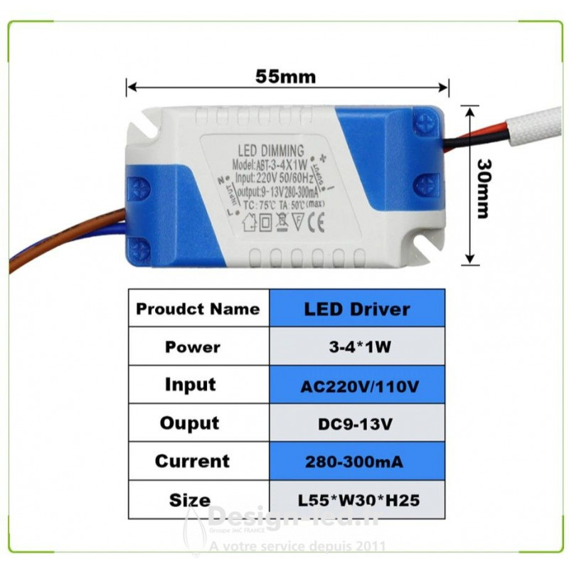 https://design-led.fr/ Driver LED dimmable 3-4W x 1w 280-300mA 9-13VDC 4,30 € 4,30 € 2258