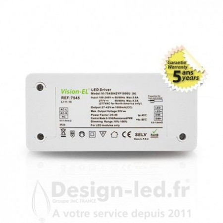 Alimentation pour LED 42W dimmable 0-10V 27-42V DC 1000mA, vision el 7545 promo 54,20 € -50%