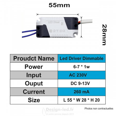 Driver LED dimmable triac 6-7W 9-13VDC 240 - 260mA, dla 2259 Design-LED 7,30 € Driver Led
