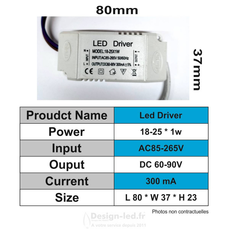 https://design-led.fr/ Driver LED 18-25W * 1w - 300 mA 60-90 VDC 8,70 € 8,70 € A2023