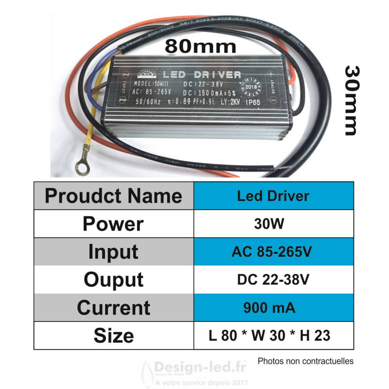 https://design-led.fr/ Driver LED IP67 30W 900mA 22-38V DC 16,80 € 16,80 € A2003