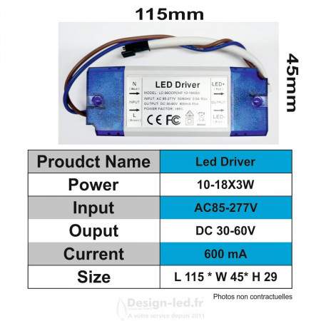 Driver LED 0-18W * 3 - 30-60 VDC / 600 mA DC, dla C1159 Design-LED 29,70 € Drivers LED