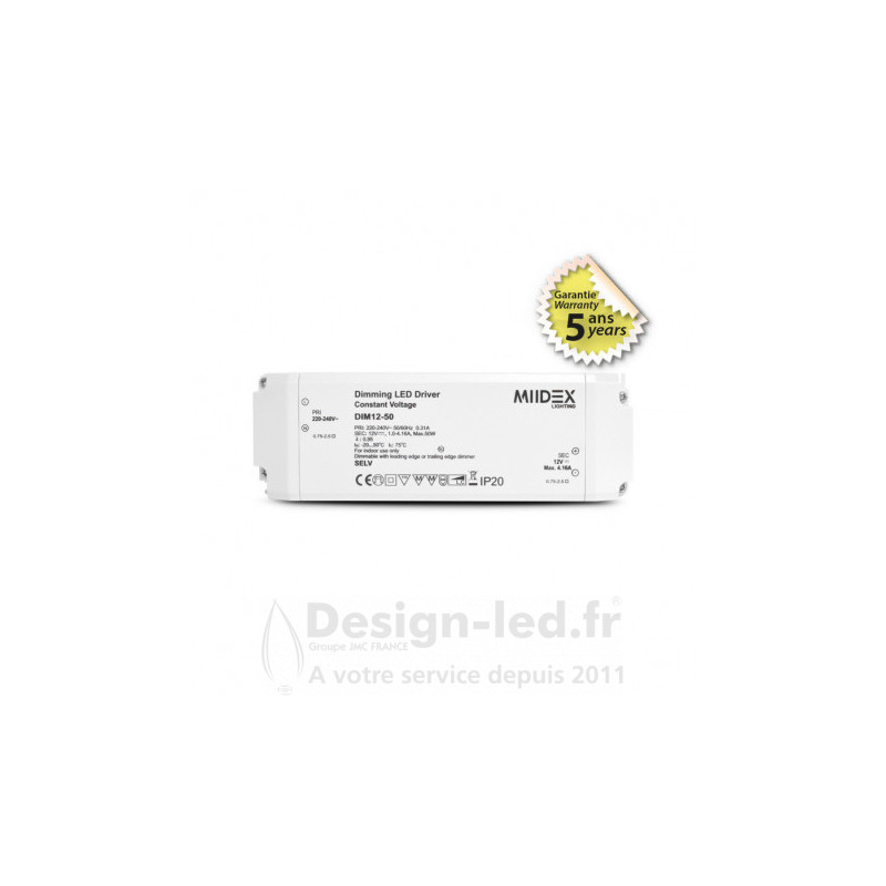 https://design-led.fr/ Alimentation LED 12V DC 4.16A 50W dimmable coupure de phase, miidex 100179 58,00 € 58,00 €