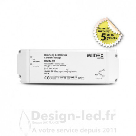 https://design-led.fr/ Alimentation LED 12V DC 4.16A 50W dimmable coupure de phase, miidex 100179 58,00 € 58,00 €